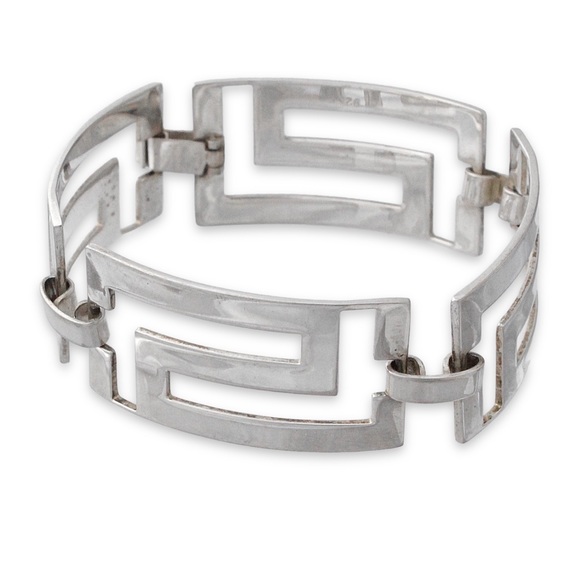 Vintage Sterling Silver Greek Key Panel Bracelet Wide Meander Pattern Link 925 - Picture 2 of 6